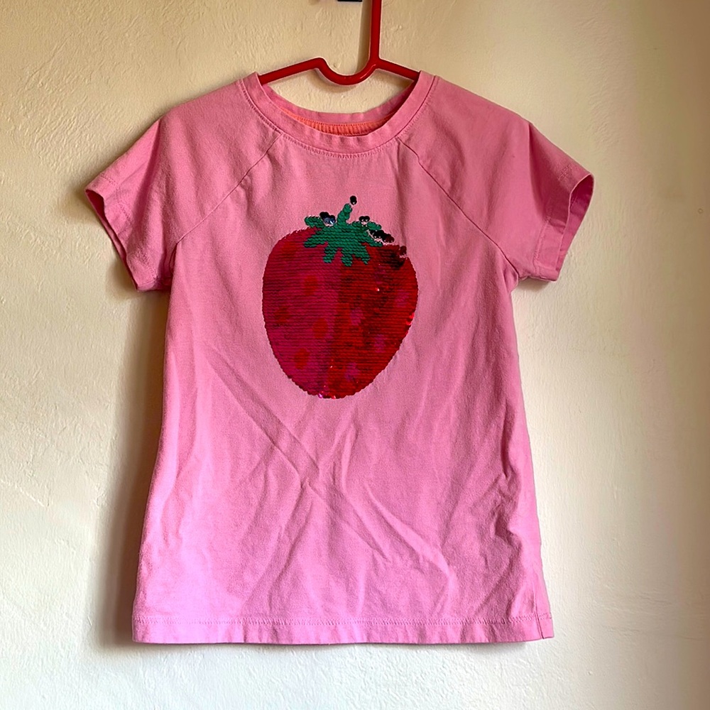 Cat & Jack. Pink shirt with strawberry sequins. Gently used. Size S (6/6x)